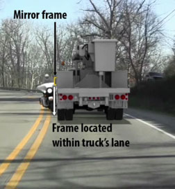 Illustration showing relationship of the motorcycle and the REMC Service truck to the double yellow center line on the highway at the time of collision. impact