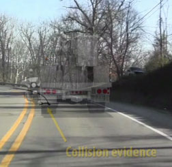 Transparent image of truck and motorcycle overlaid on an image of the collision scene evidence show relationship of vehicles to centerline at impact.